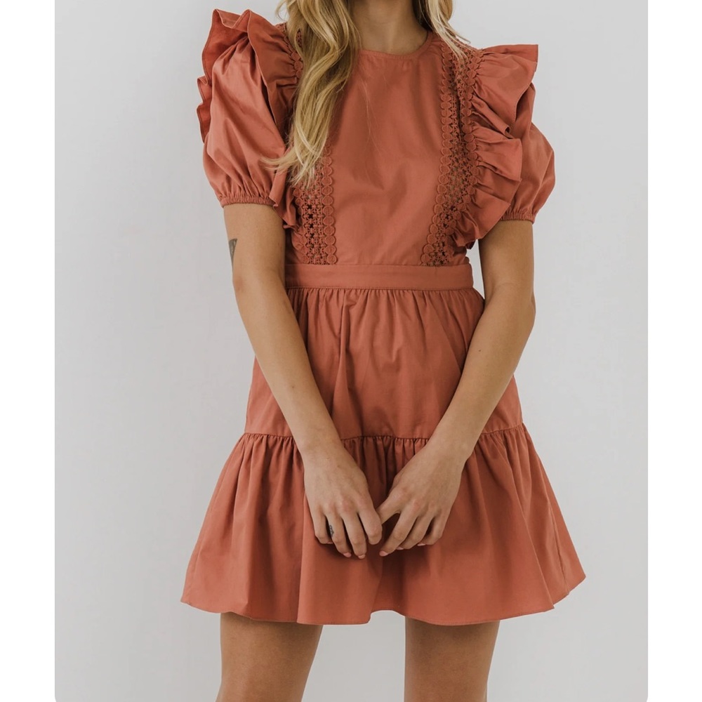 NWOT ENGLISH FACTORY PUFF SLEEVE MINI DRESS LIGHT pink/salmon color Sz lrg